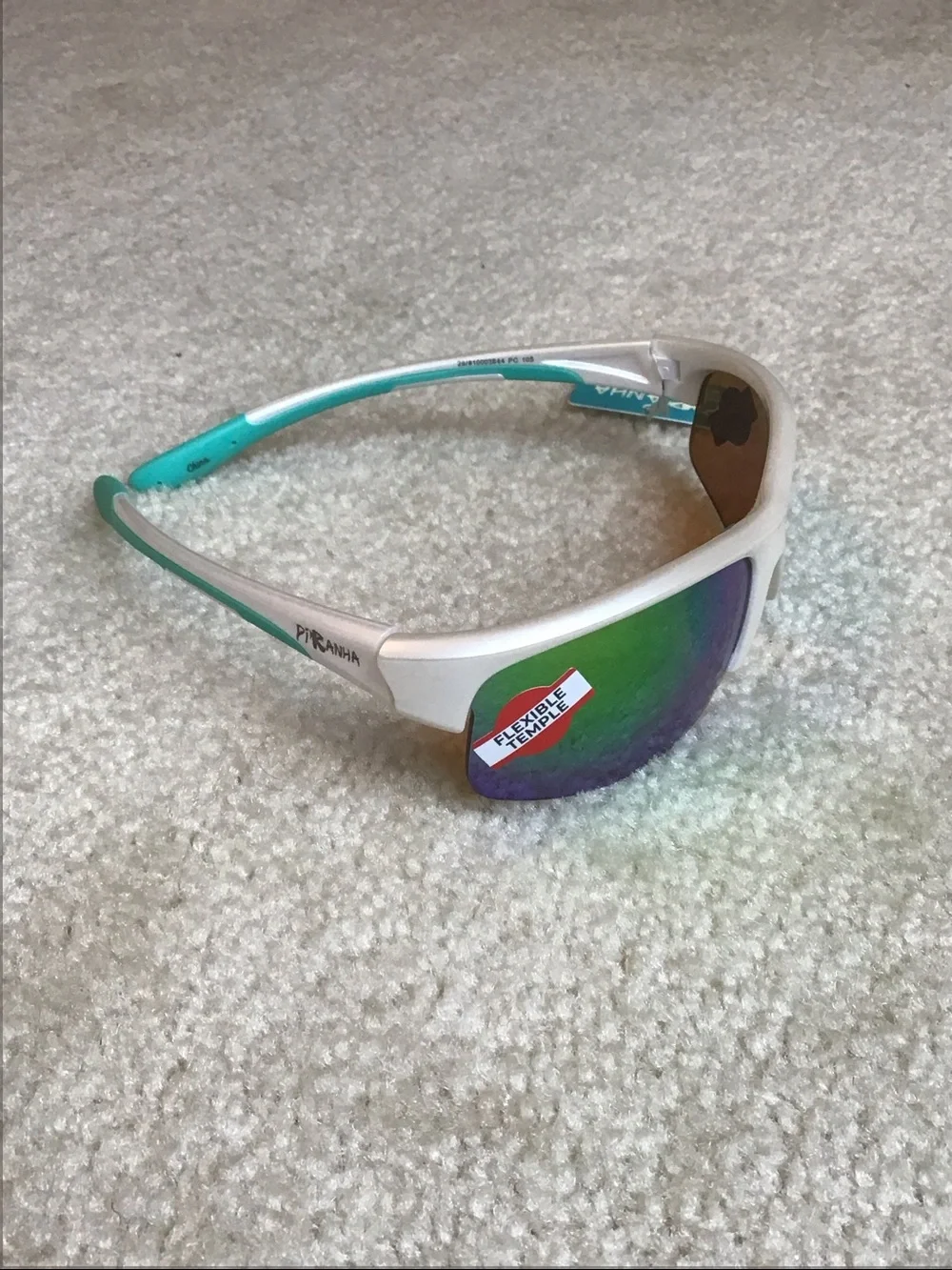 Piranha Sunglasses, White/Teal with Rainbow Mirrored Lenses, 100% UVA/UVB Protct
